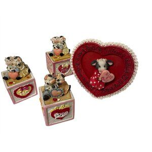 Vintage Cow Figurines &‎ Heart-Shaped Valentines Day Decor Set
